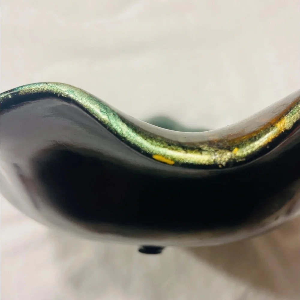 Rare decorative ceramic bowl turquoise/brown wavy edges and shiny finish